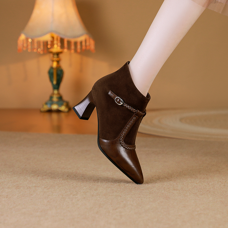 测SLM/时尚真皮/9949/34-42尖头粗跟手工女靴法式舒适加绒短靴