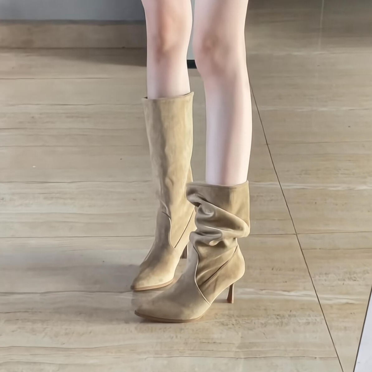 RHStudio 尖头短靴女细跟绒面中筒堆堆靴高跟弹力瘦瘦靴马丁靴