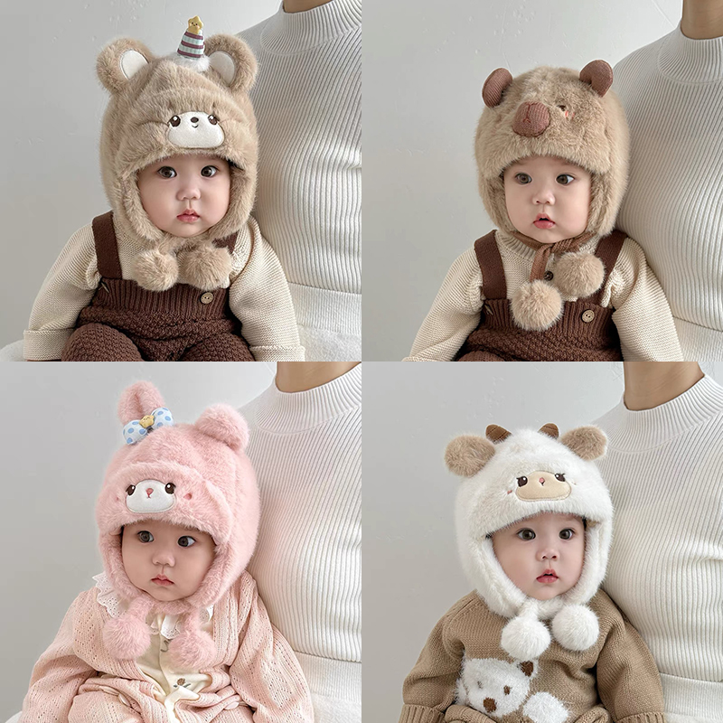 宝宝帽子秋冬季婴幼儿保暖毛绒帽儿童冬季外出男童女童加厚护耳帽