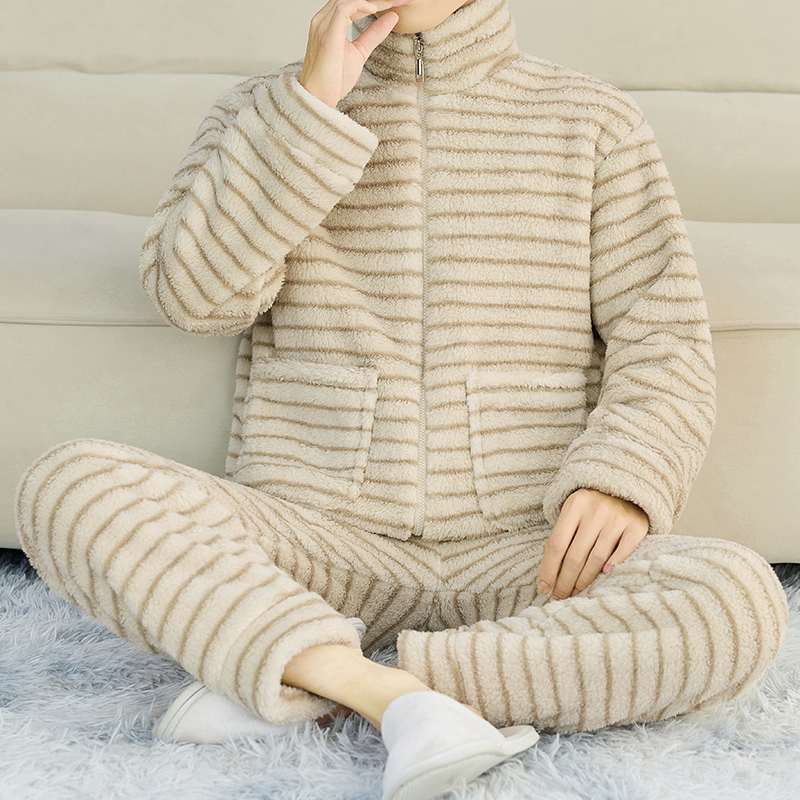 冬季新款法兰绒拉链款加绒睡衣男保暖防寒条纹可外穿家居服两件套
