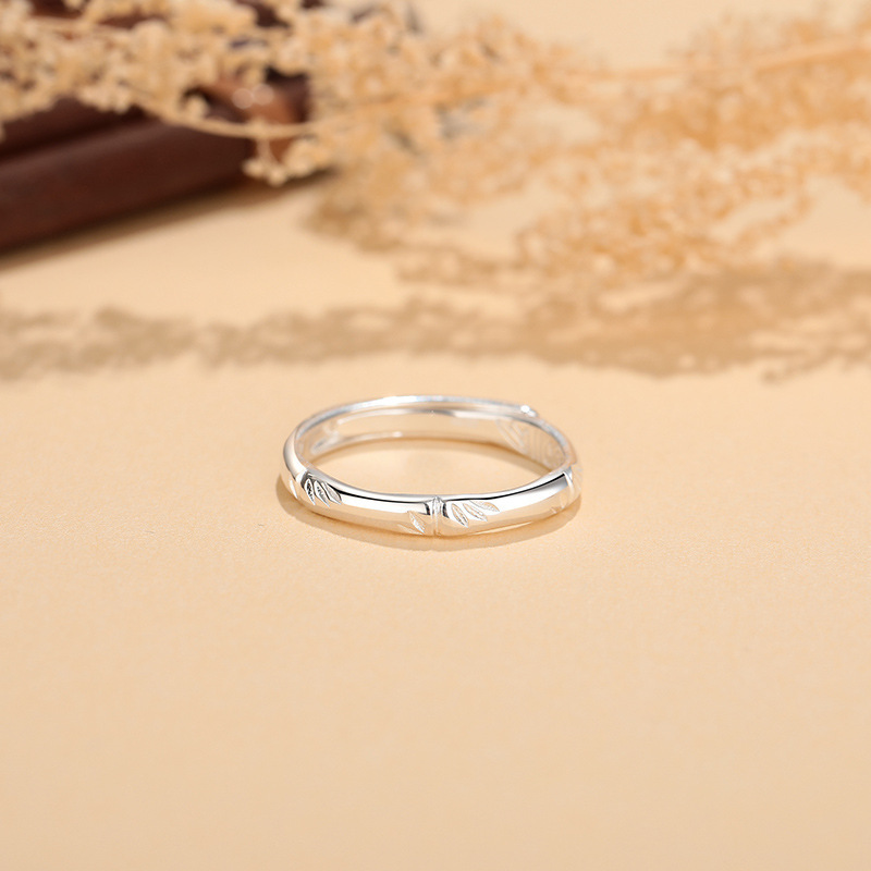 足银戒指 S999足银2024简约风格高贵百搭竹节竹叶戒指女