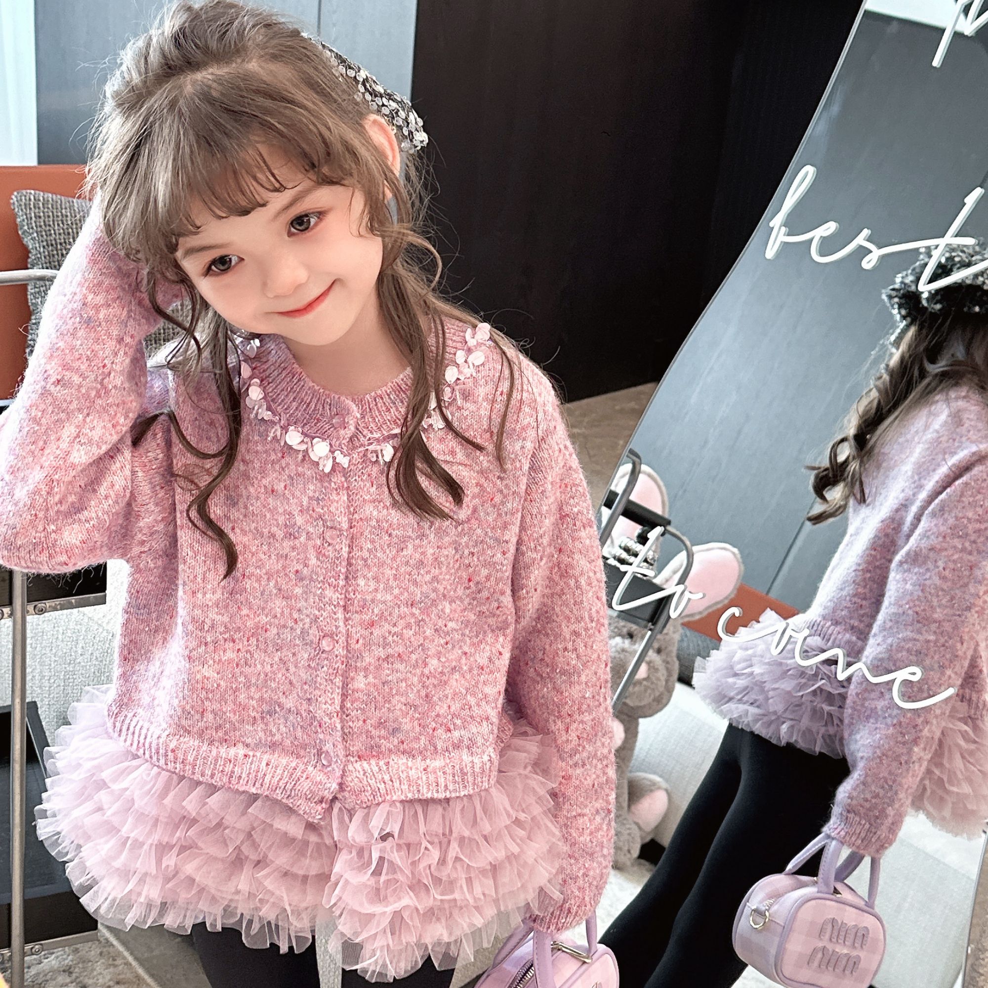 【馒头家】K【新款】复古蓬蓬网纱毛衣女童冬季休闲甜美可爱韩版