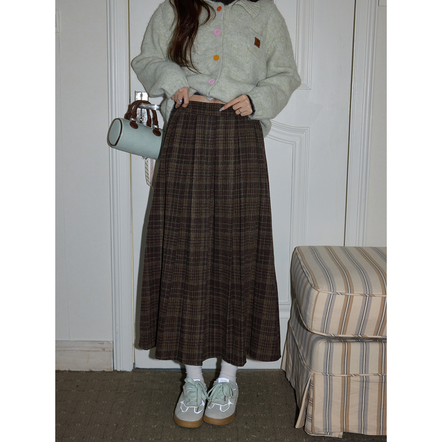 【吵吵家】韩系咖色格纹半身裙女2025秋冬宽松休闲高腰气质A字长裙