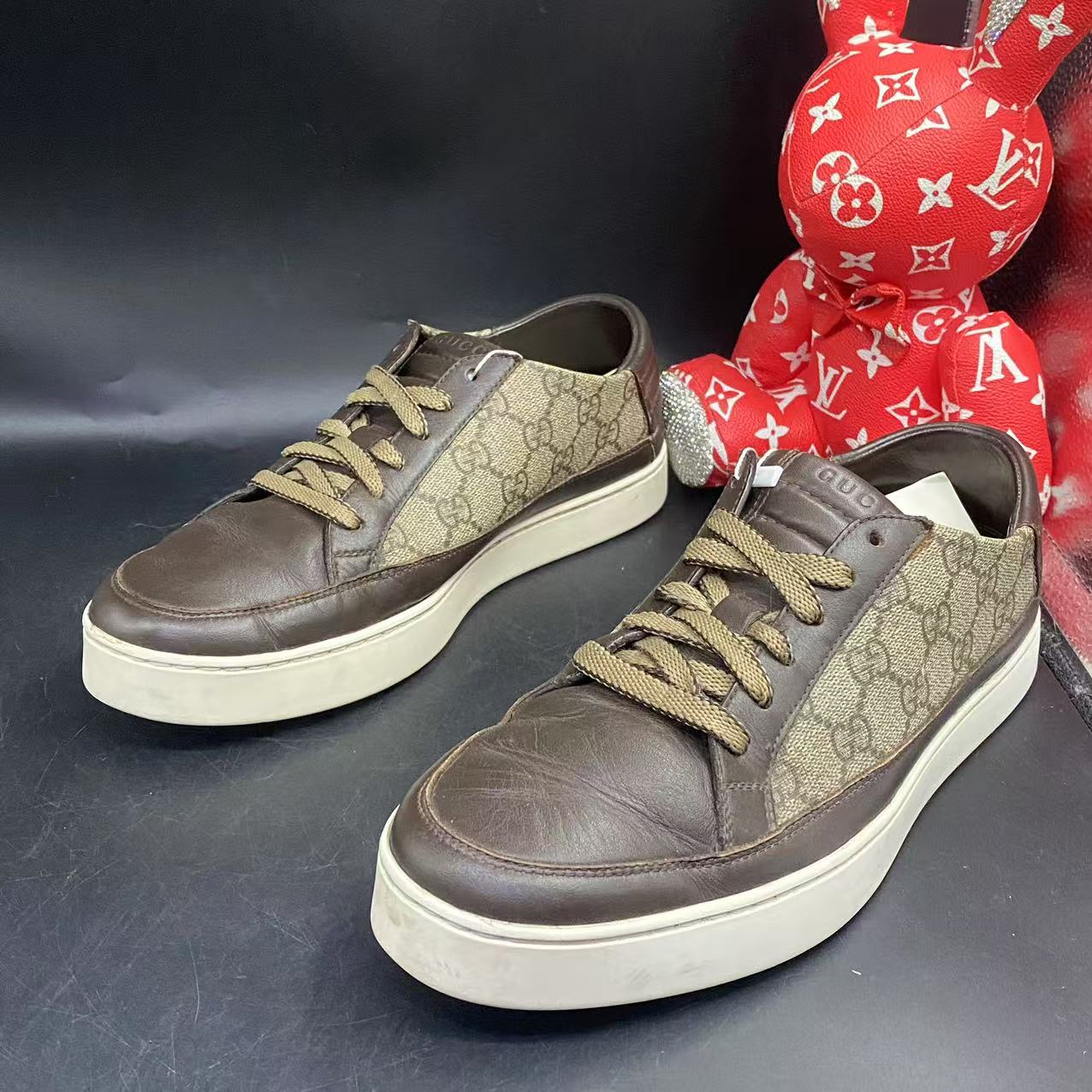 95新 GUCCI/古驰 【聚星福利】潮鞋褐色贝壳老花板鞋41.5码ddm1695