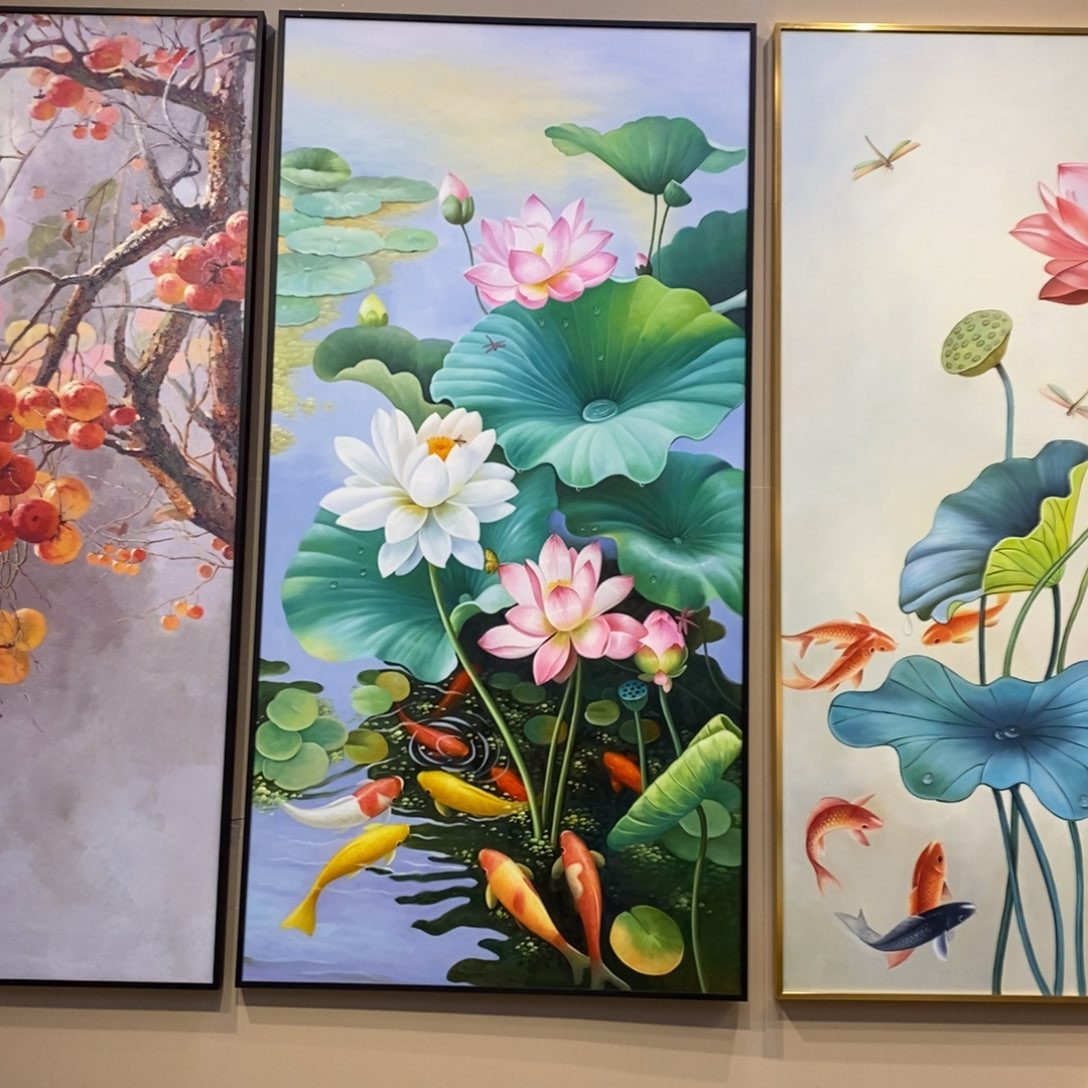 竖款荷花九鱼图80160