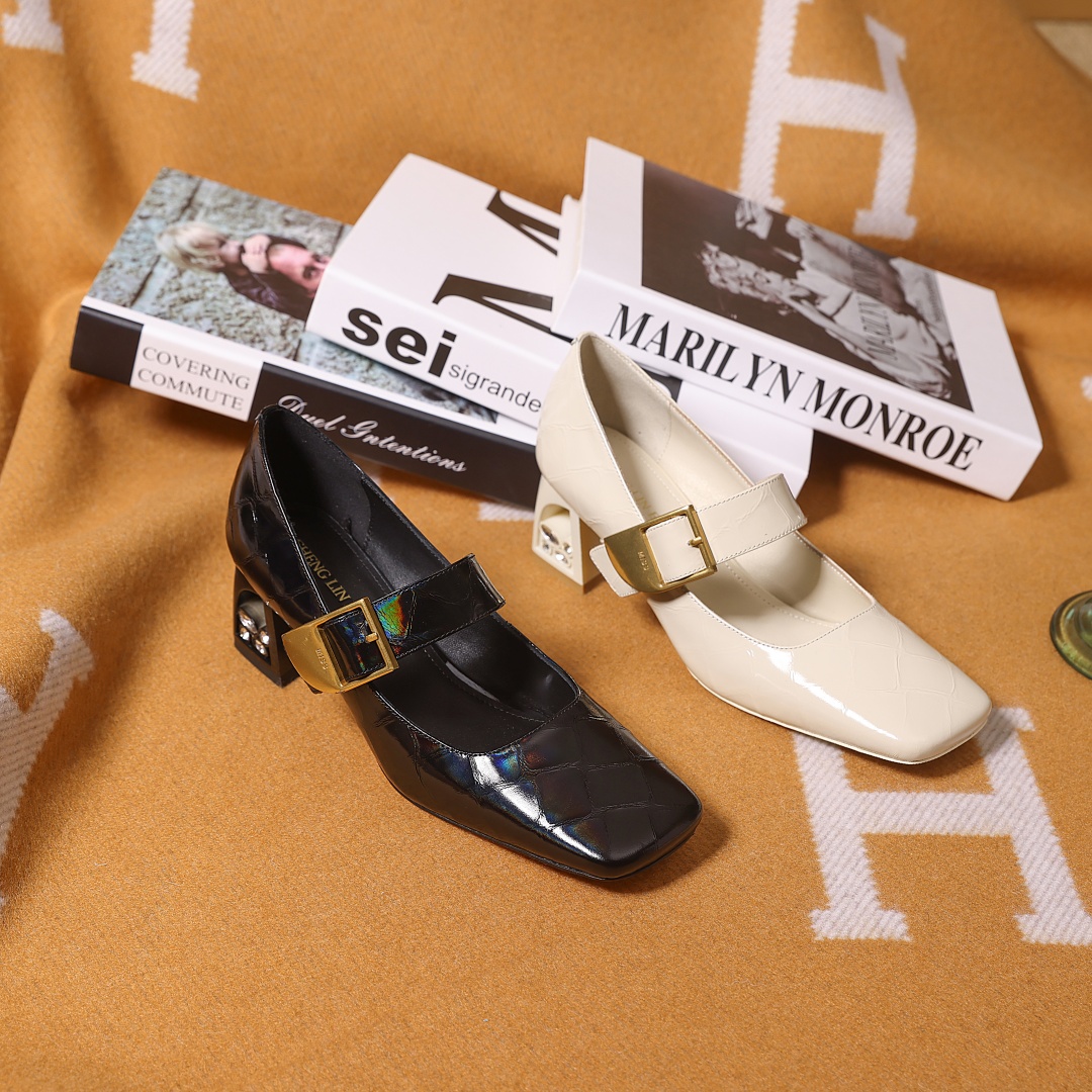 圣琳妃/牛皮/4CM气质方头粗跟一字带高跟鞋浅口玛丽珍鞋D20021