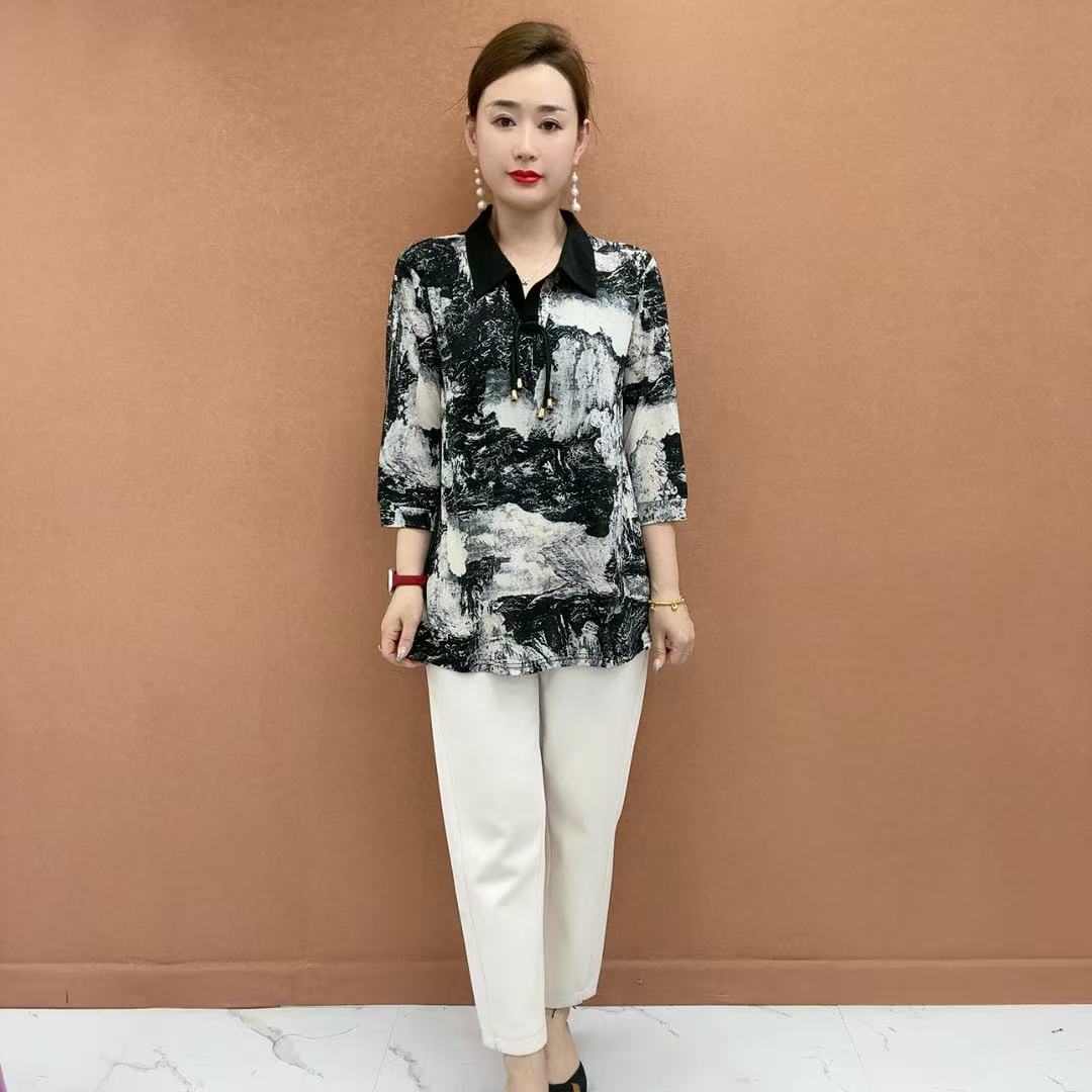 25年新款轻职风中老年女装衬衫遮肚显瘦夏秋季中袖翻领套头加大码