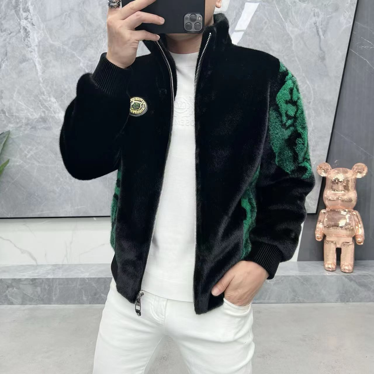 冬季新款男士轻奢高品质刺绣立领貂绒加厚保暖潮流修身夹克外套