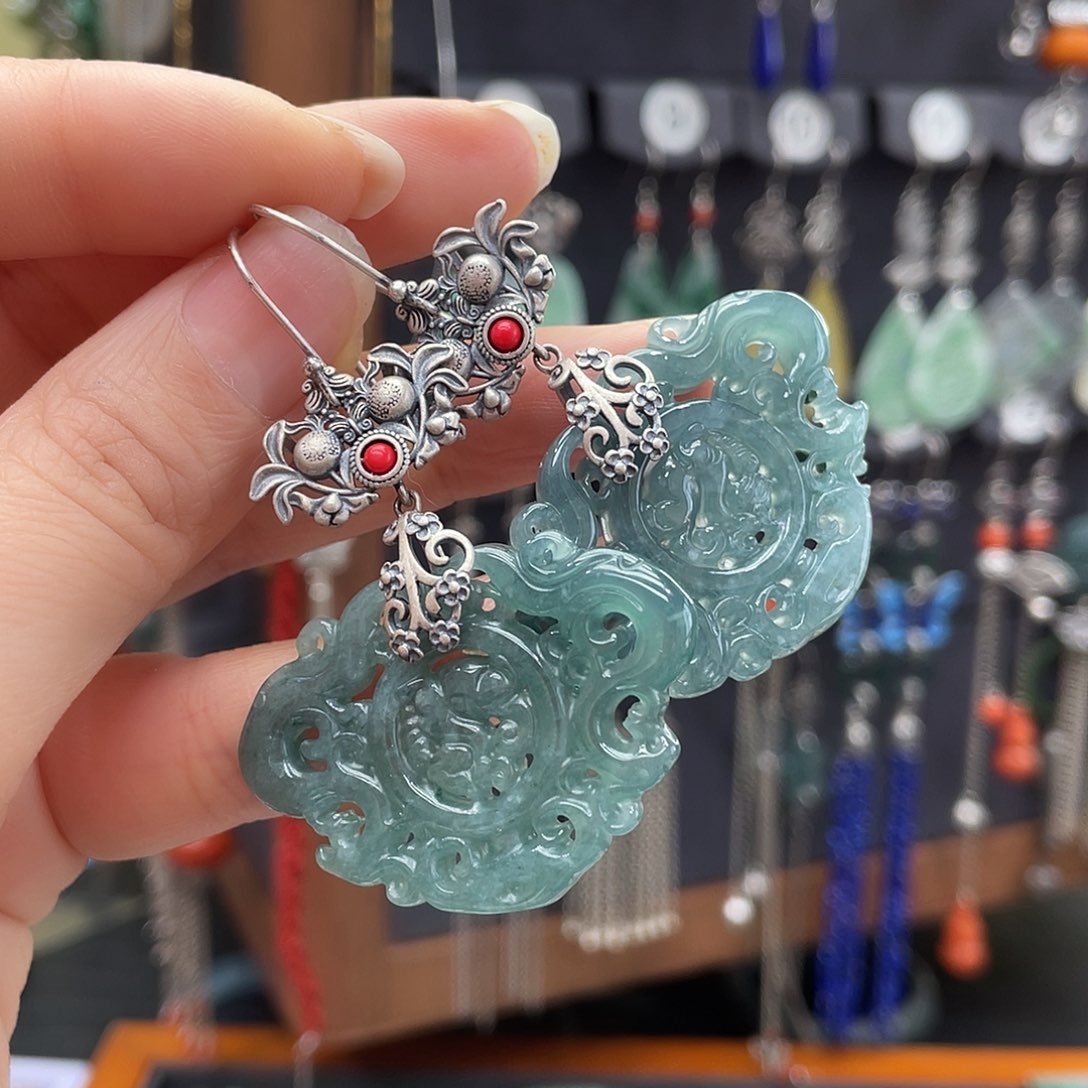 翡翠耳饰银S925镶嵌宝***妈759fgbnbjj