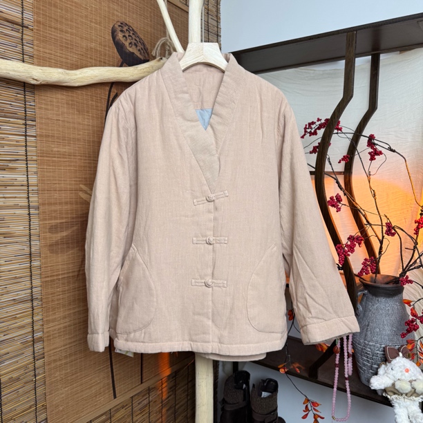 亚麻盘扣立领夹棉文艺复古中长款棉服外套（衣长67胸围130）