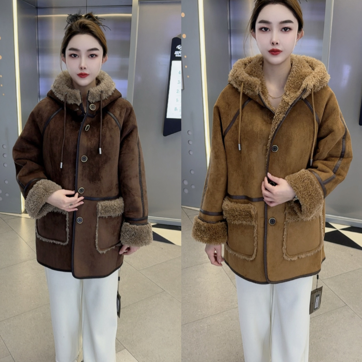 冬季新款韩版慵懒风连帽加绒加厚保暖宽松百搭外套女装时尚中长款