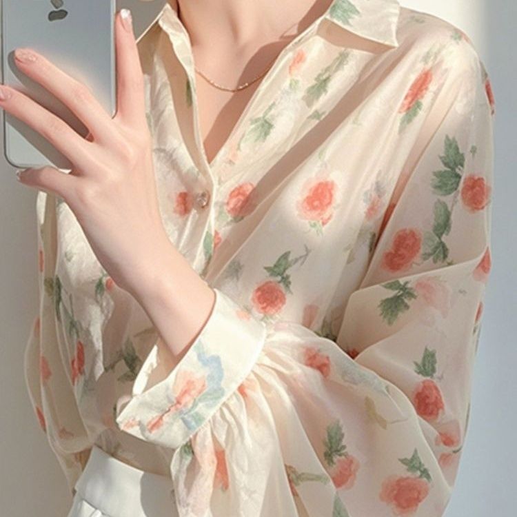 {全额运补}法式轻奢高级感杏色印花翻领长袖衬衫新款洋气叠穿衬衣