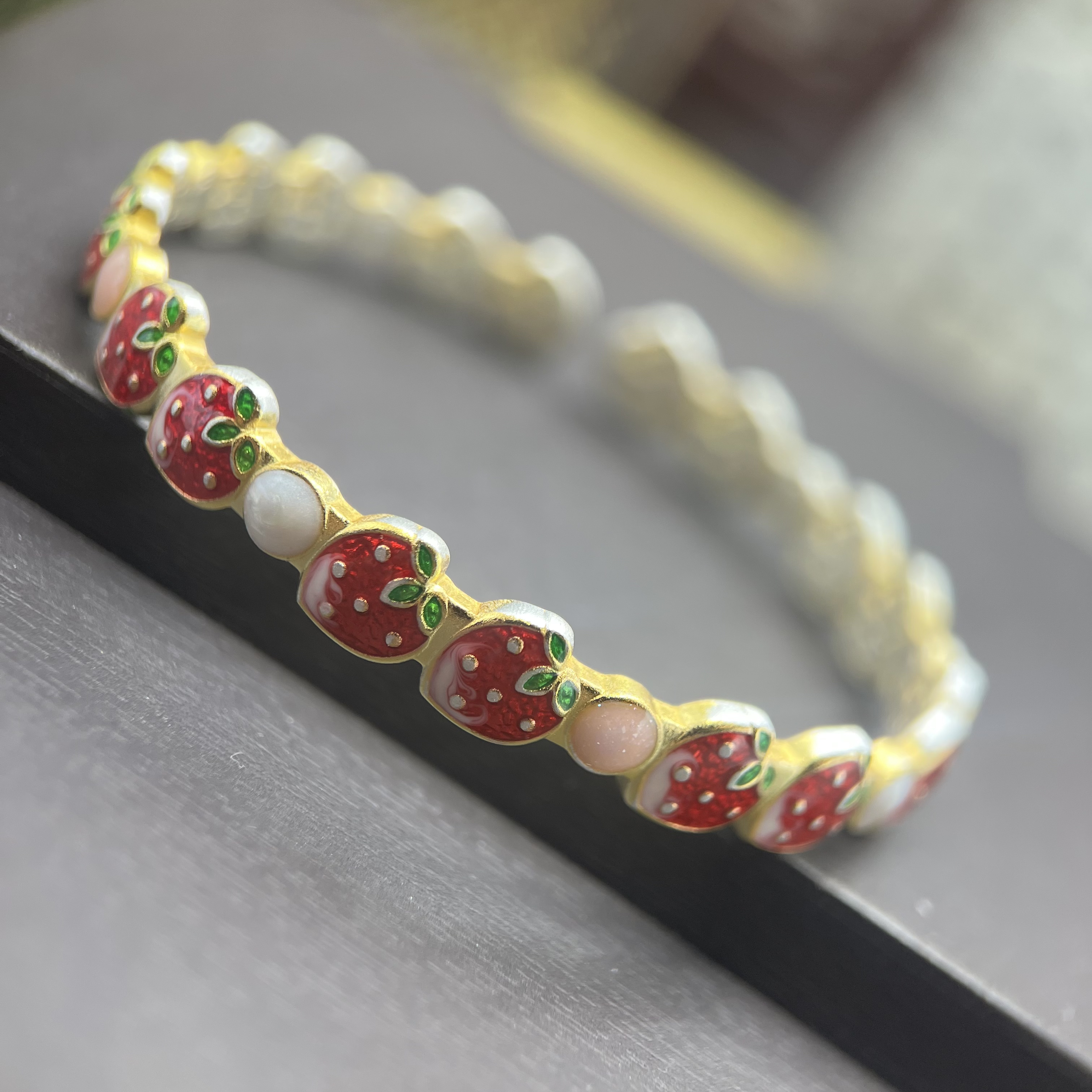 足银手镯 80号足银999.9描金珐琅彩草莓银手镯实心送礼物约25克