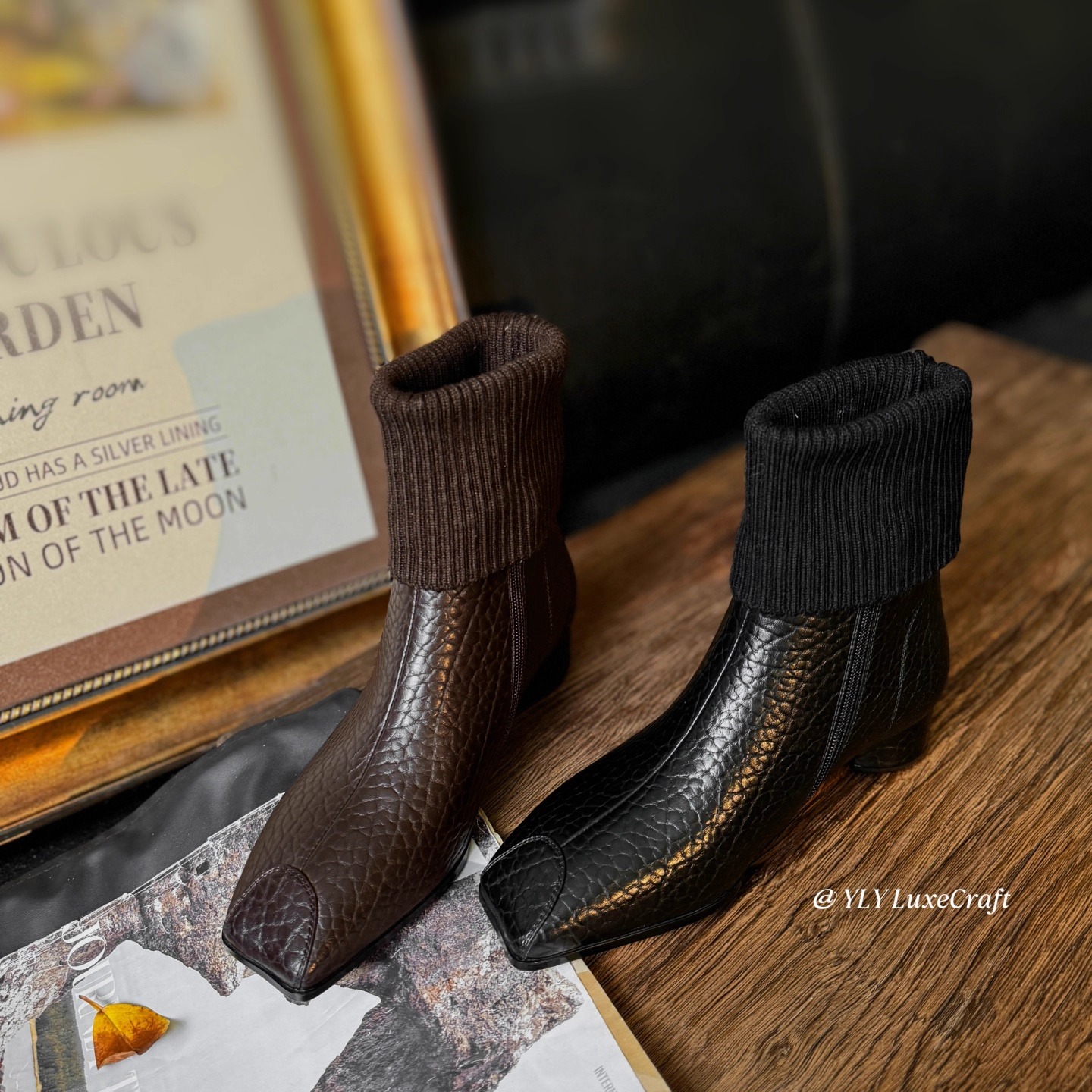 H158-268冬季加绒两穿弹力针织短靴女大码粗跟方头百搭中跟中筒靴