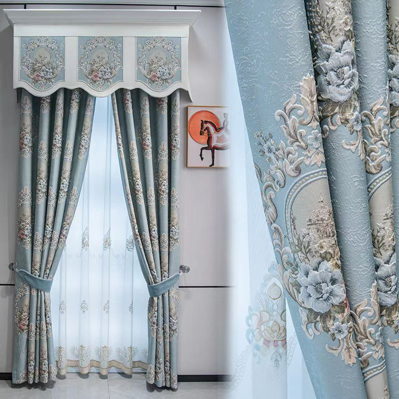 高端大气欧式浮雕色织提花遮光窗帘加厚配套绣花纱客厅卧室窗帘头