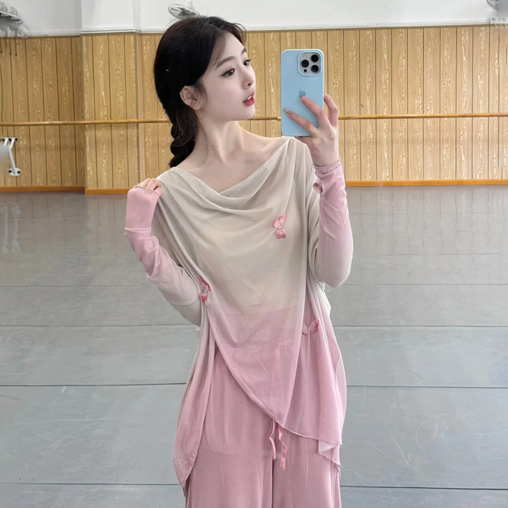 古典舞蹈服身韵渐变蝴蝶纱衣演出服罩衫中国舞飘逸宽松练功服上衣
