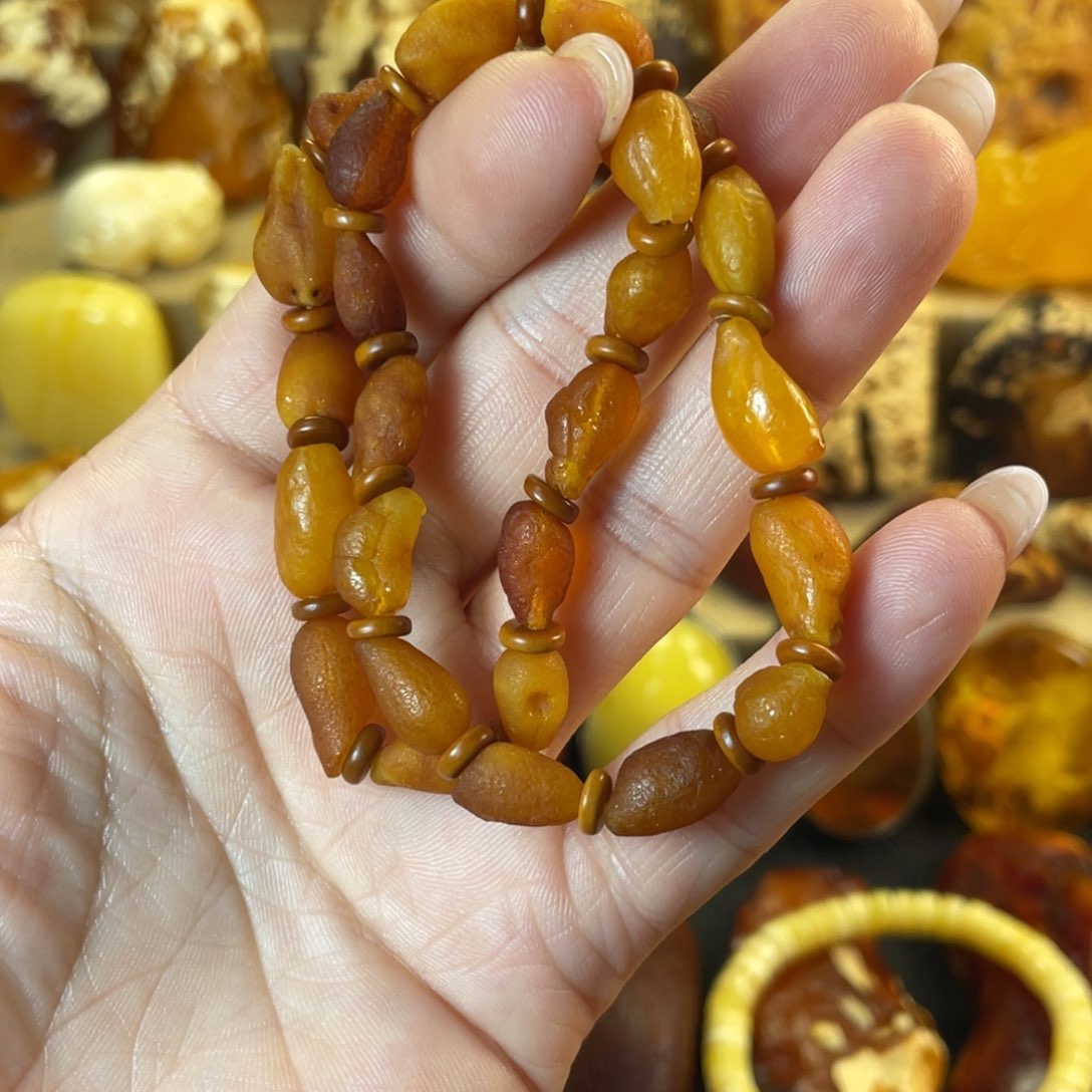 裸石琥珀未镶嵌天然蜜蜡海漂双圈手串