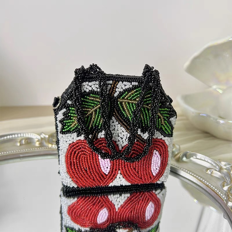 纯手工樱桃钉珠包百搭重工串珠包vintage手提斜挎迷你包包女