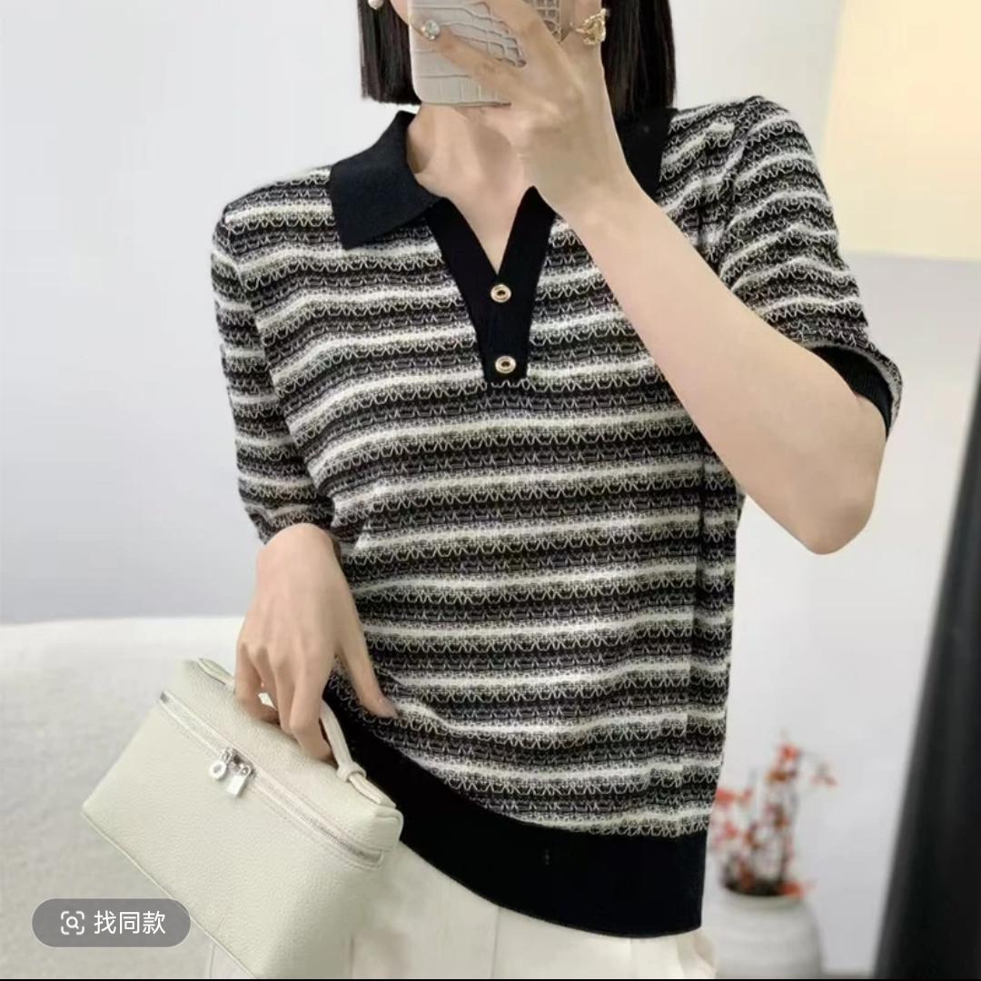 G【翻领条纹】莱赛尔高配自留款短袖上衣针织衫毛衣上衣女