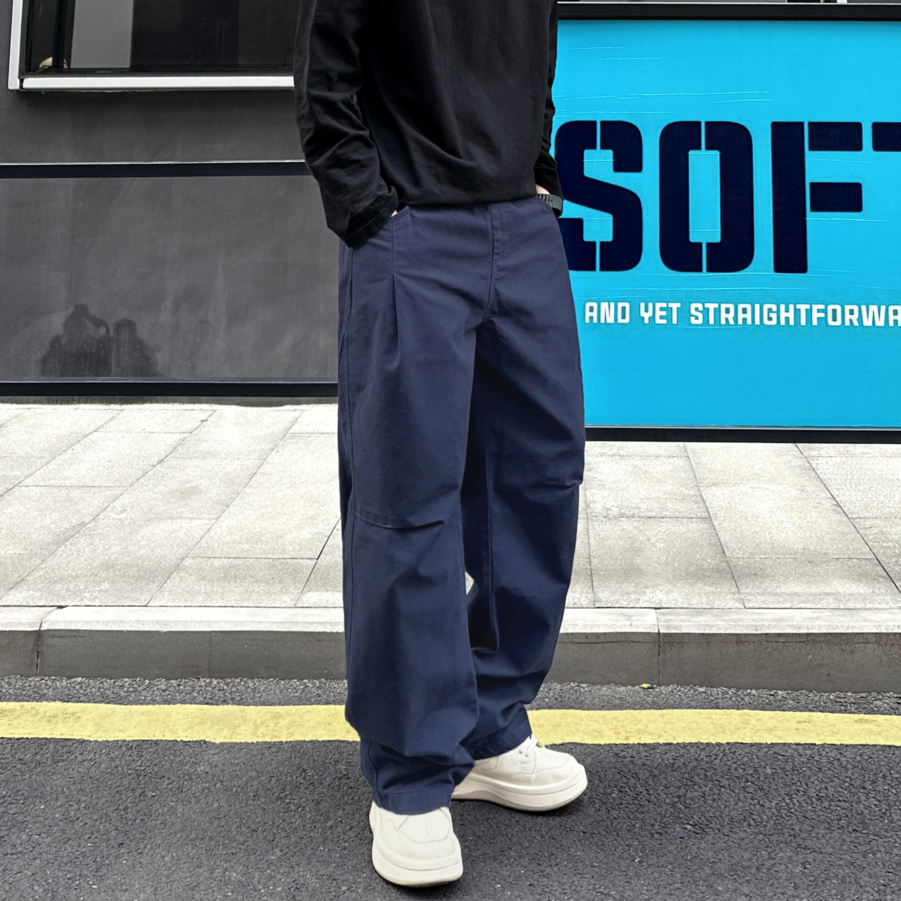 QUALCOMM复古宝蓝色工装休闲裤男秋冬新款Vintage直筒加绒长裤子