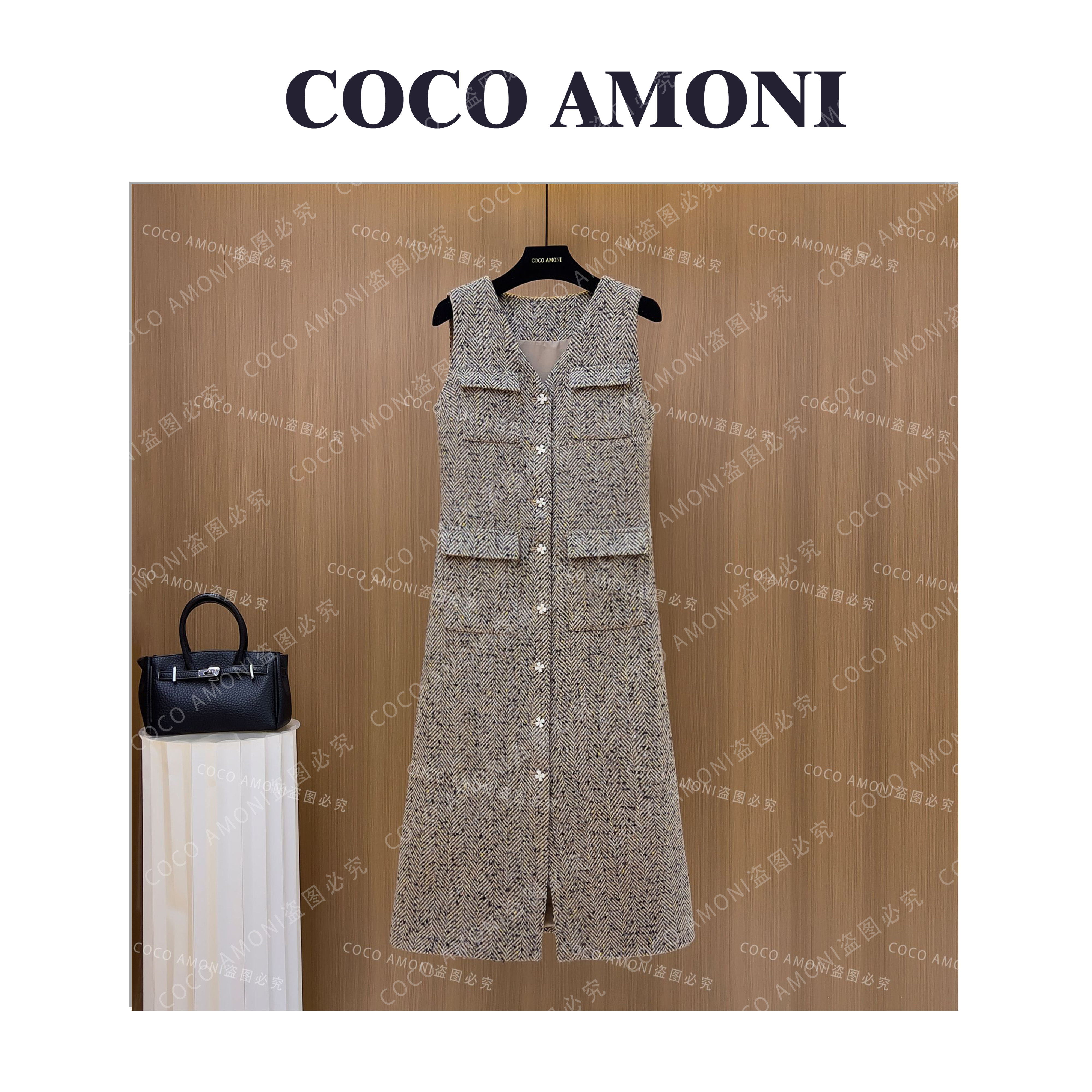 [曼姐]秋冬设计师爆款女装拼接收腰显瘦气质连衣裙WXH1031