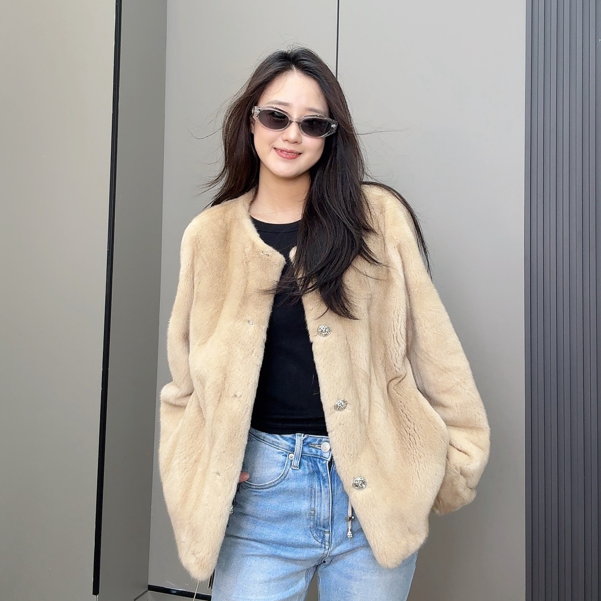 【BIng】“小香风”洋气翻袖款水貂皮大衣外套新款紫金天鹅绒整貂圆领