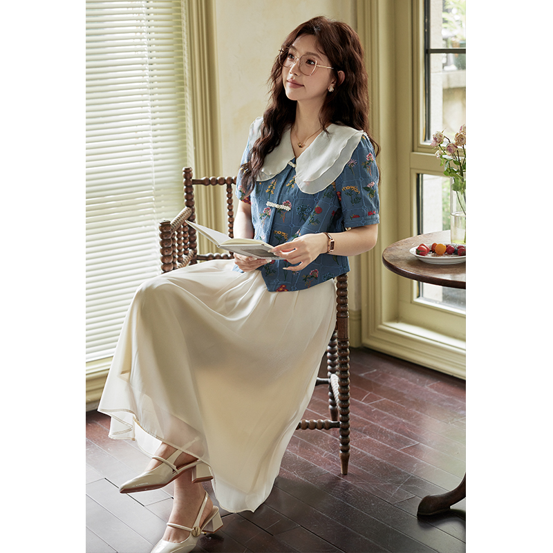 五季家大码女装夏季新品娃娃领蓝色上衣杏色长半裙两件套ZL105381