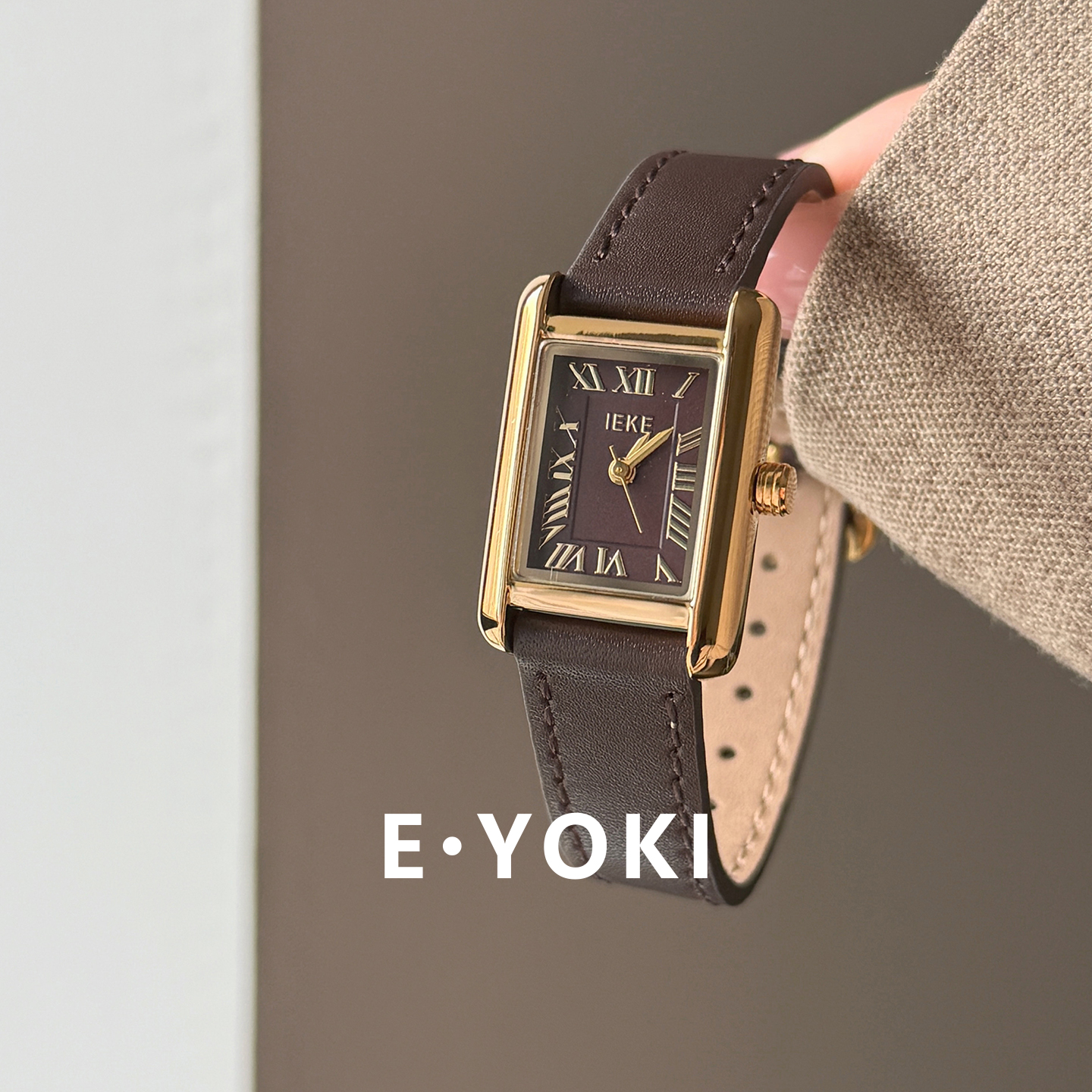 一柚七 巧克力色罗马小方表皮带女款小众轻奢高级感石英手表女122