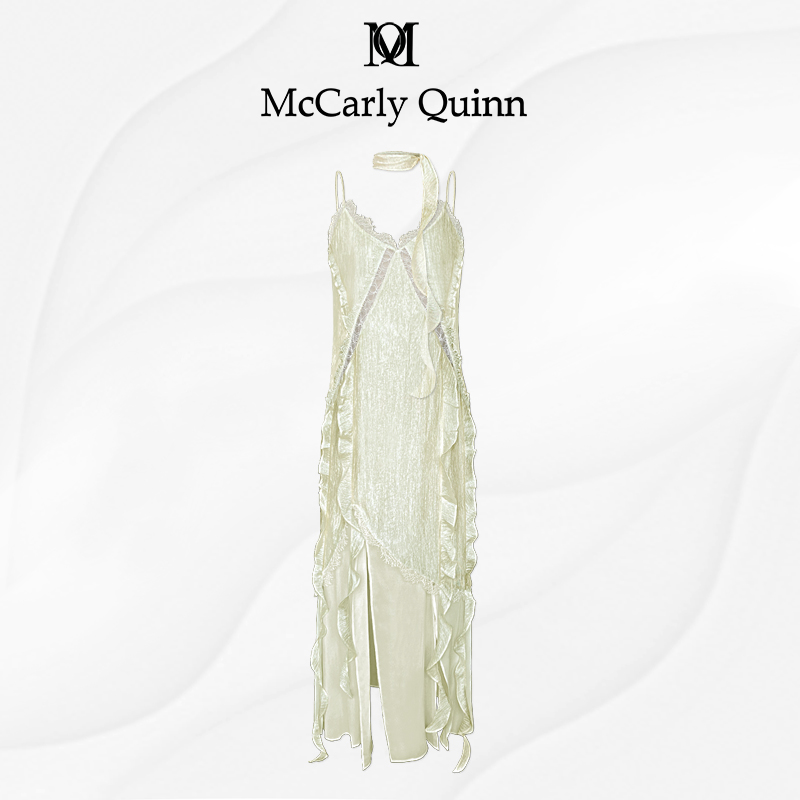 McCarlyQuinn醋酸吊带连衣裙清冷水盈度假风裙飘逸开衩裙摆