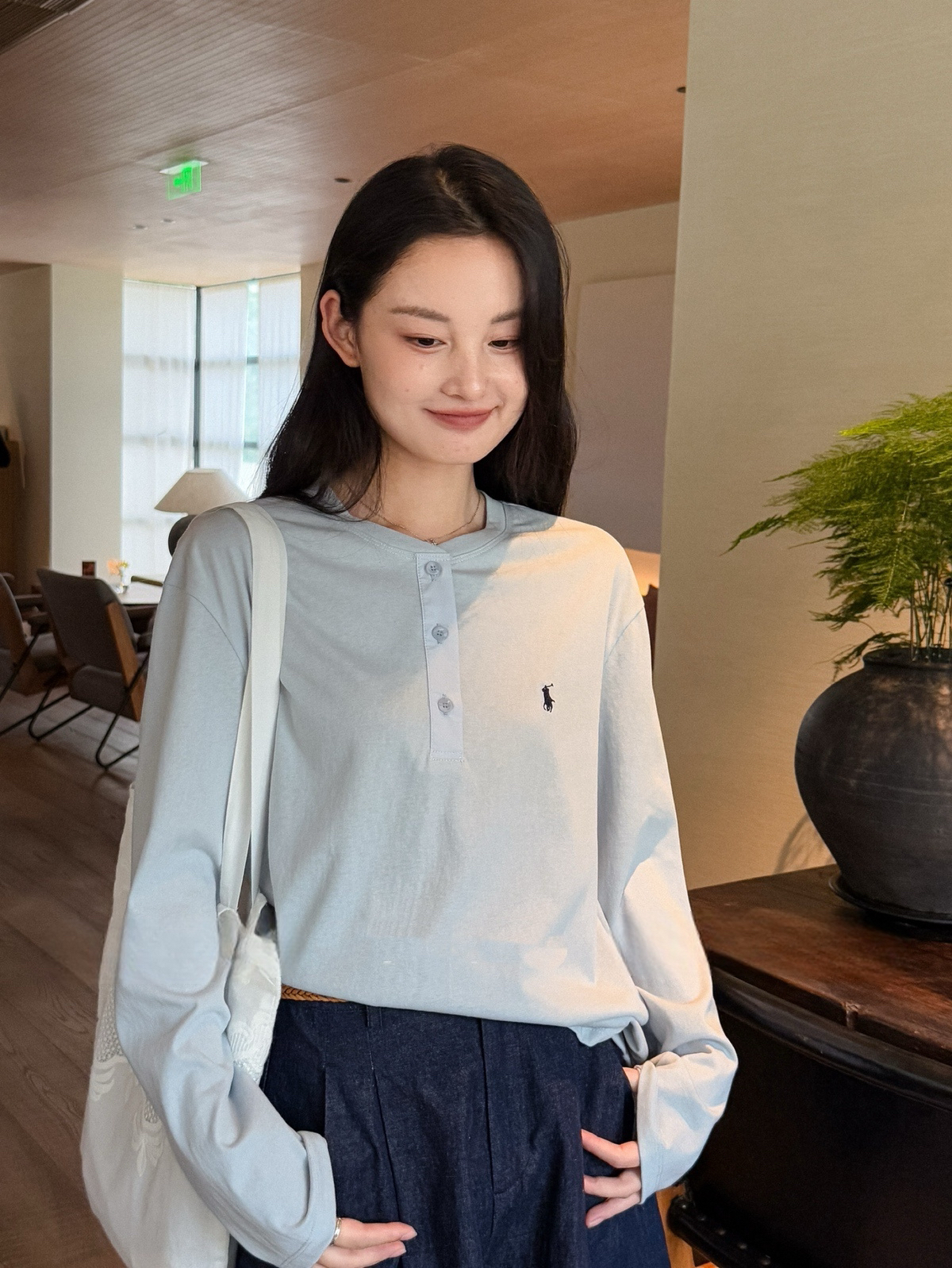 【YN】极简风松弛感简约百搭小马刺绣宽松显瘦休闲长袖T恤 
