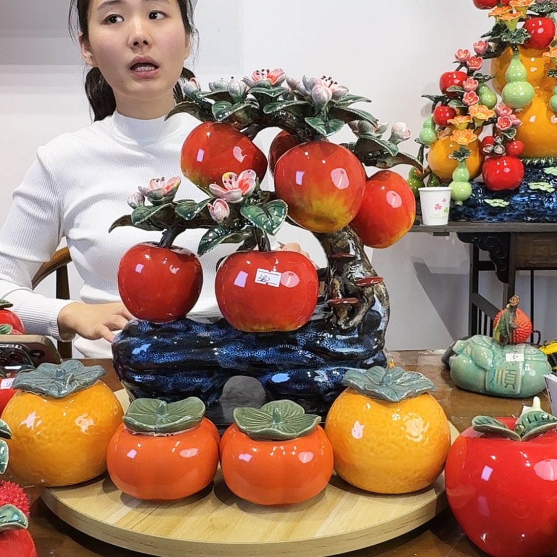 陶瓷六果苹果树摆件