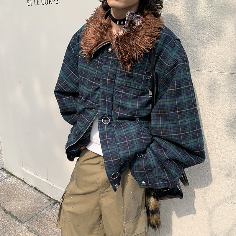 POH 24AW 英格兰朋克复古蓝绿格纹铁环狼毛高领棉服夹克外套