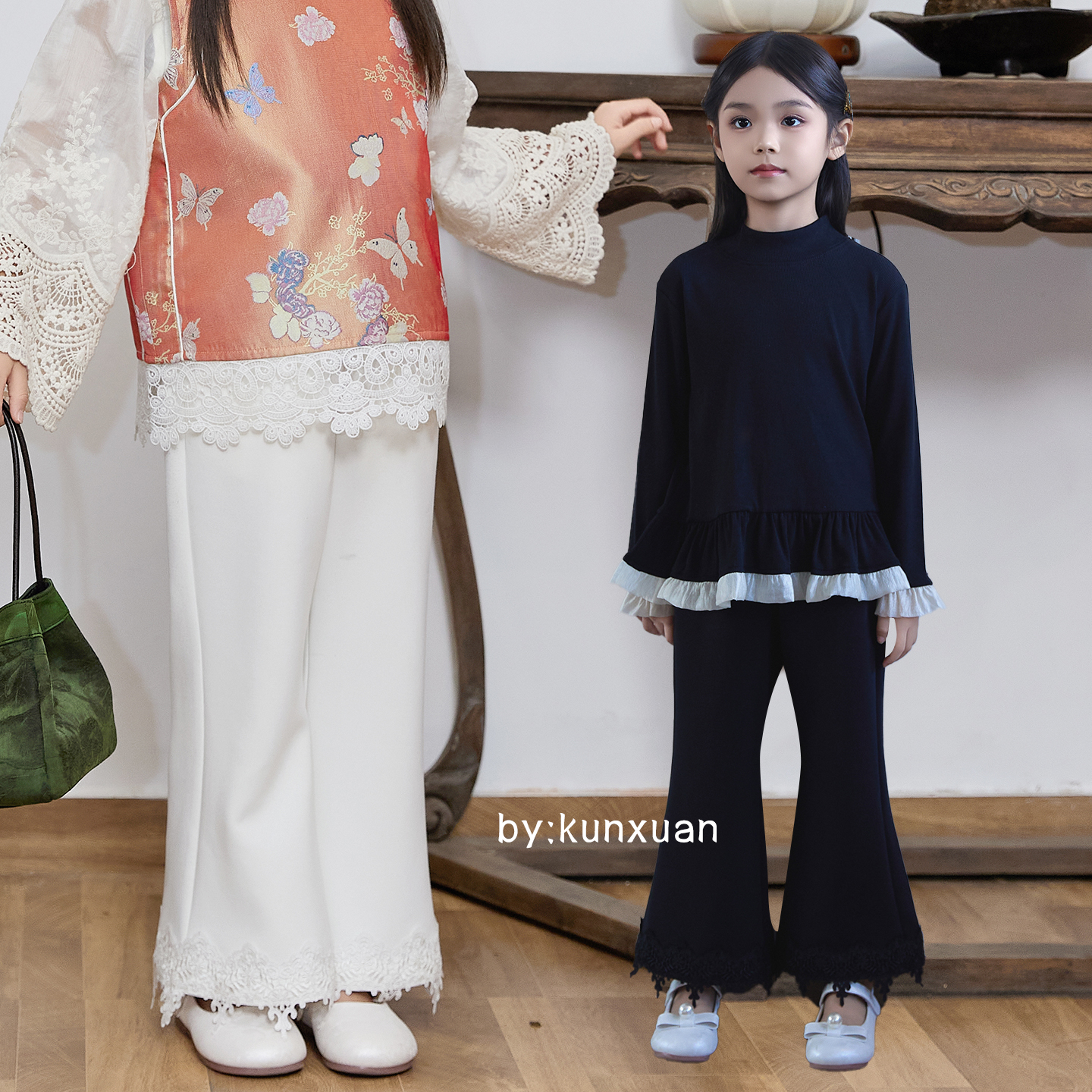 【高兴妈专属】“漫舞蕾丝”25女童秋款蕾丝边V喇百搭休闲裤 AU66K001