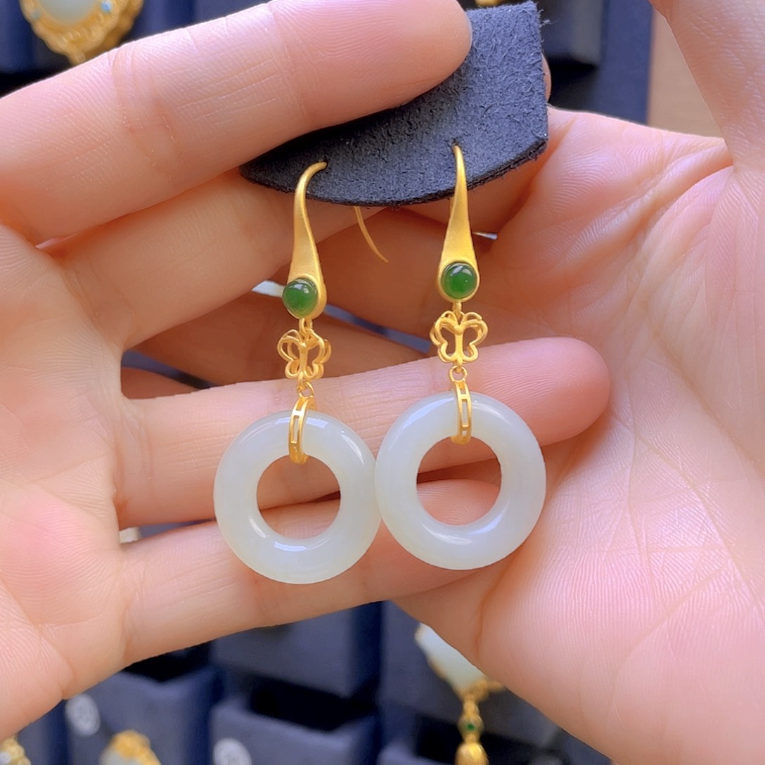 和田玉耳饰银S925镀金镶嵌