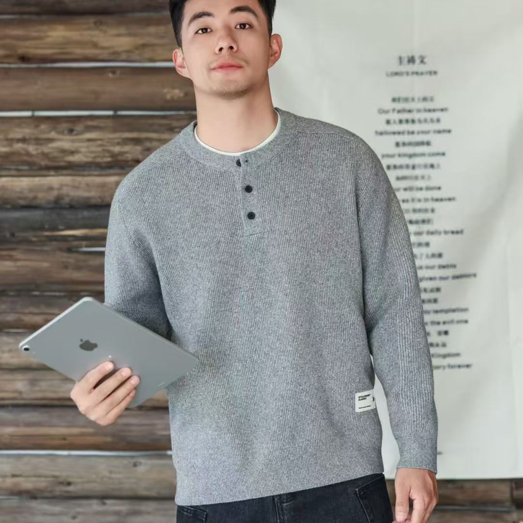 针织加绒圆领长袖男士毛衣冬季保暖百搭针织衫潮流