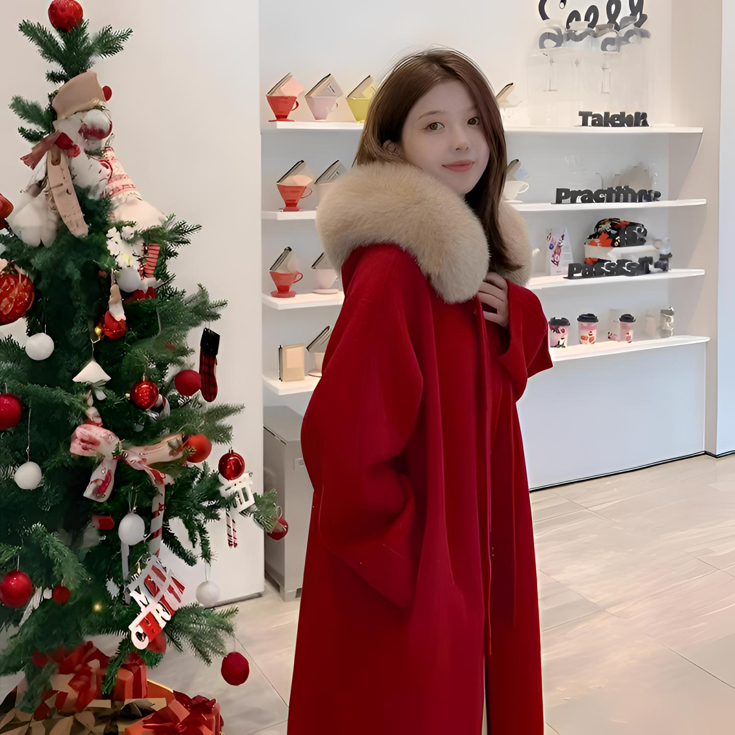 红色双面呢子大衣女冬季新款大毛领斗篷新娘结婚订婚礼服毛呢外套