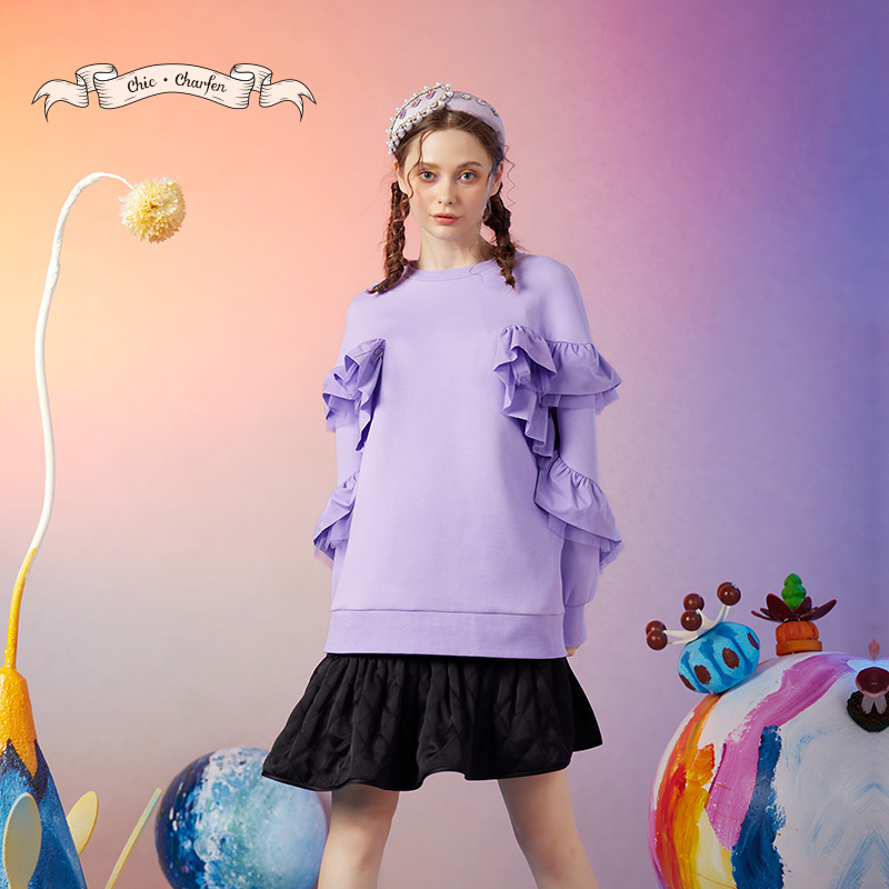 【达人专属】朝峰荷叶边拼接圆领宽松针织打底卫衣CFD3C527-5051B