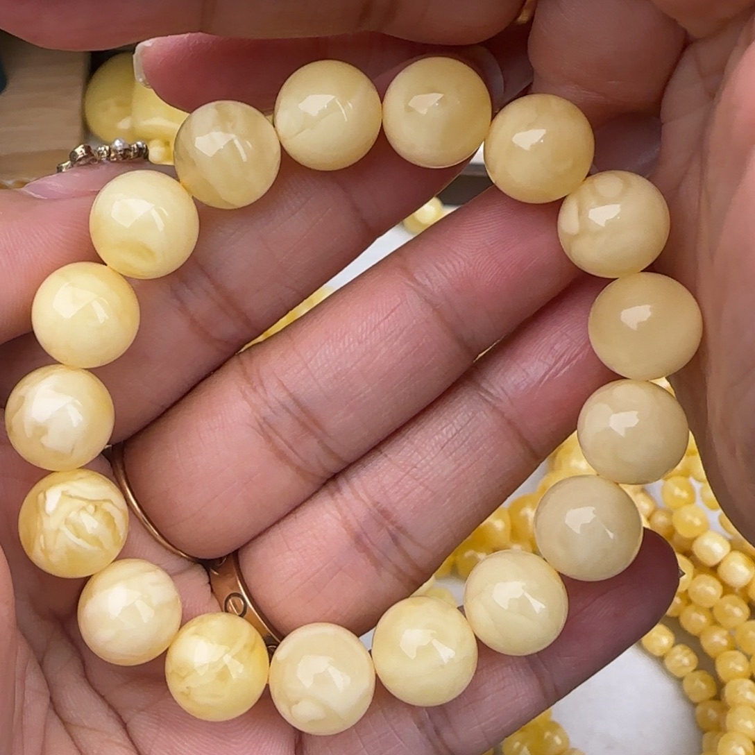 蜜蜡未镶嵌手链白花圆珠手串