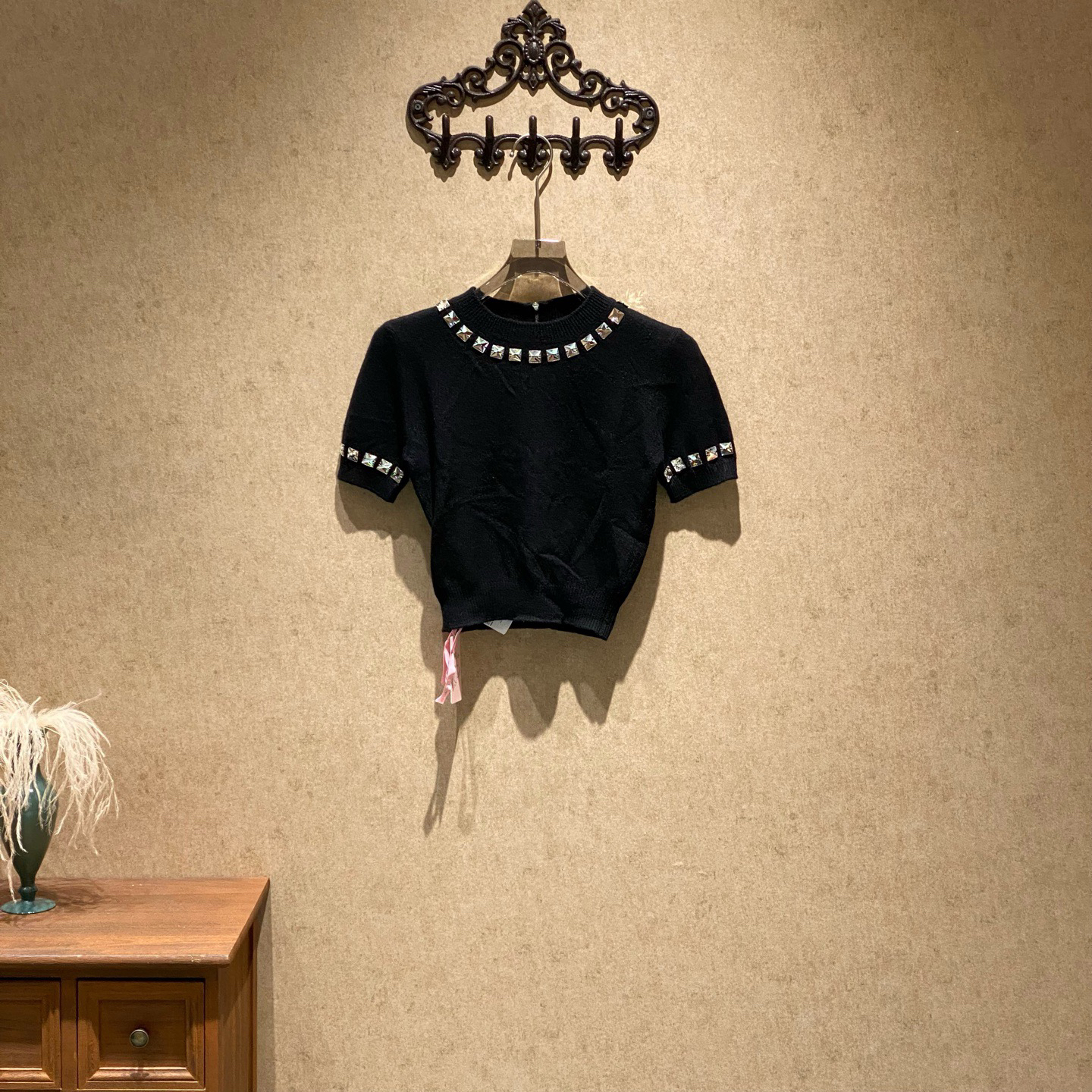 99新 MIU MIU/缪缪 黑色方钻羊毛针织短袖/38码/原吊/35448
