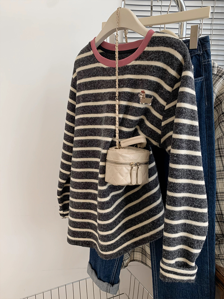 女童条纹撞色磨毛长袖打底t恤秋冬打底衫中大童保暖内搭加厚上衣