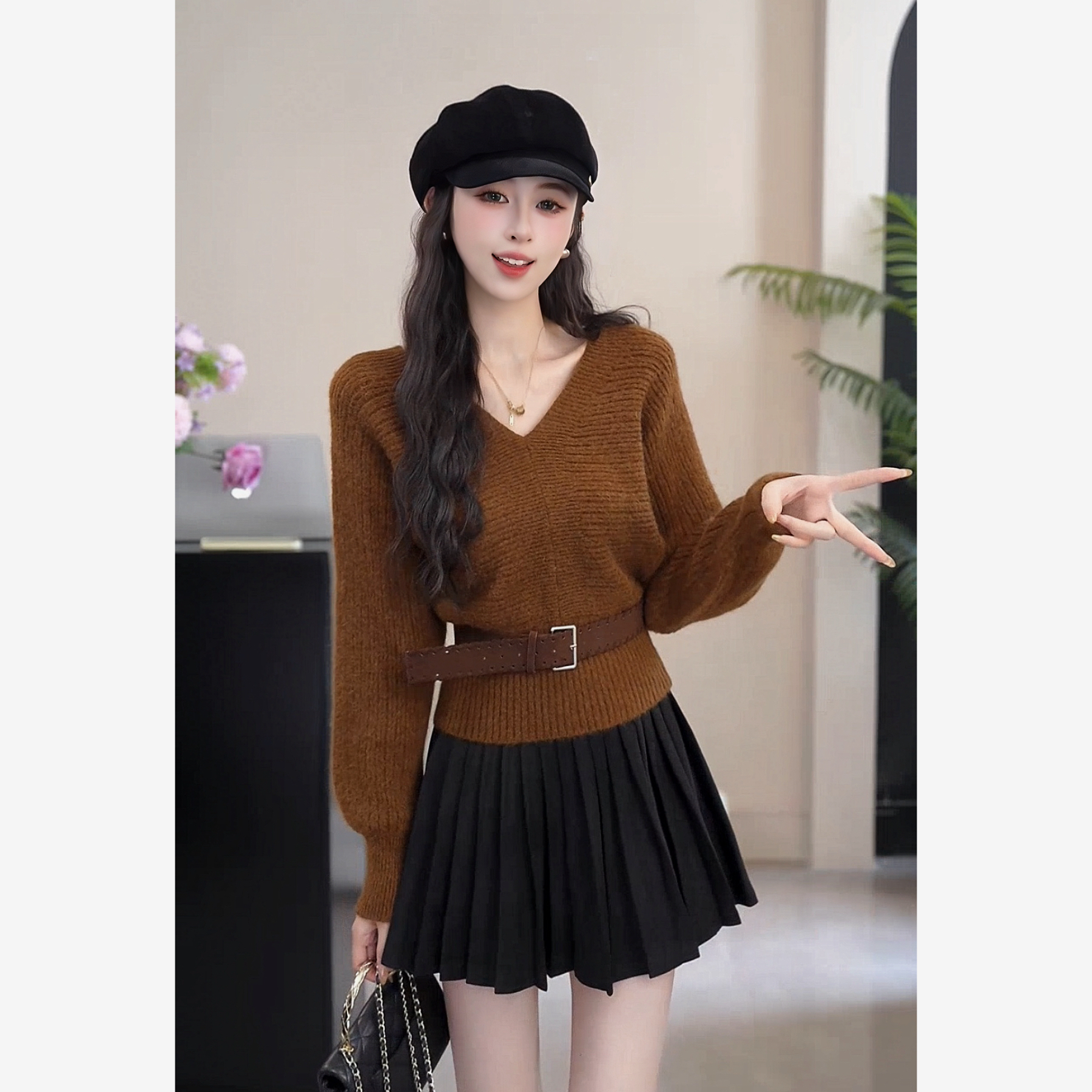 YUANLIANSU/圆脸酥【月落无言】韩系慵懒风V领蝙蝠袖收腰显瘦针织衫