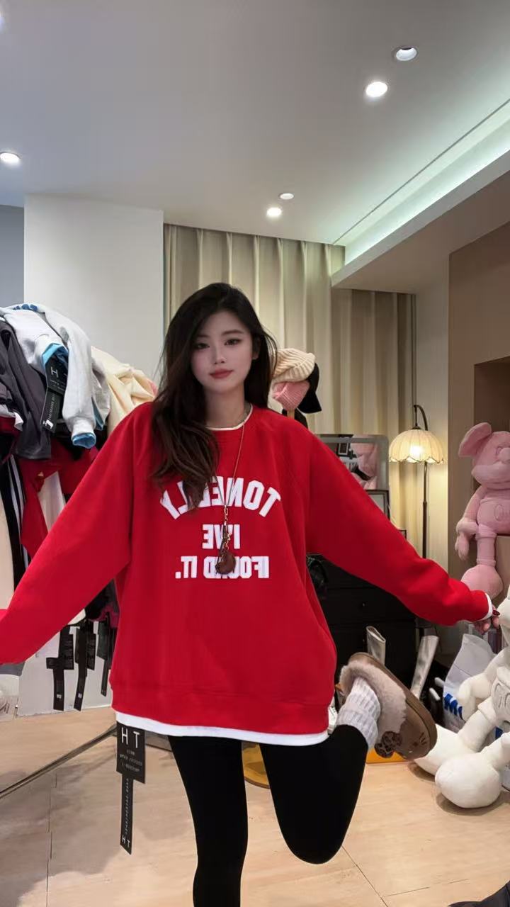 2025年新款加厚假2件中长款圆领宽松长袖卫衣000