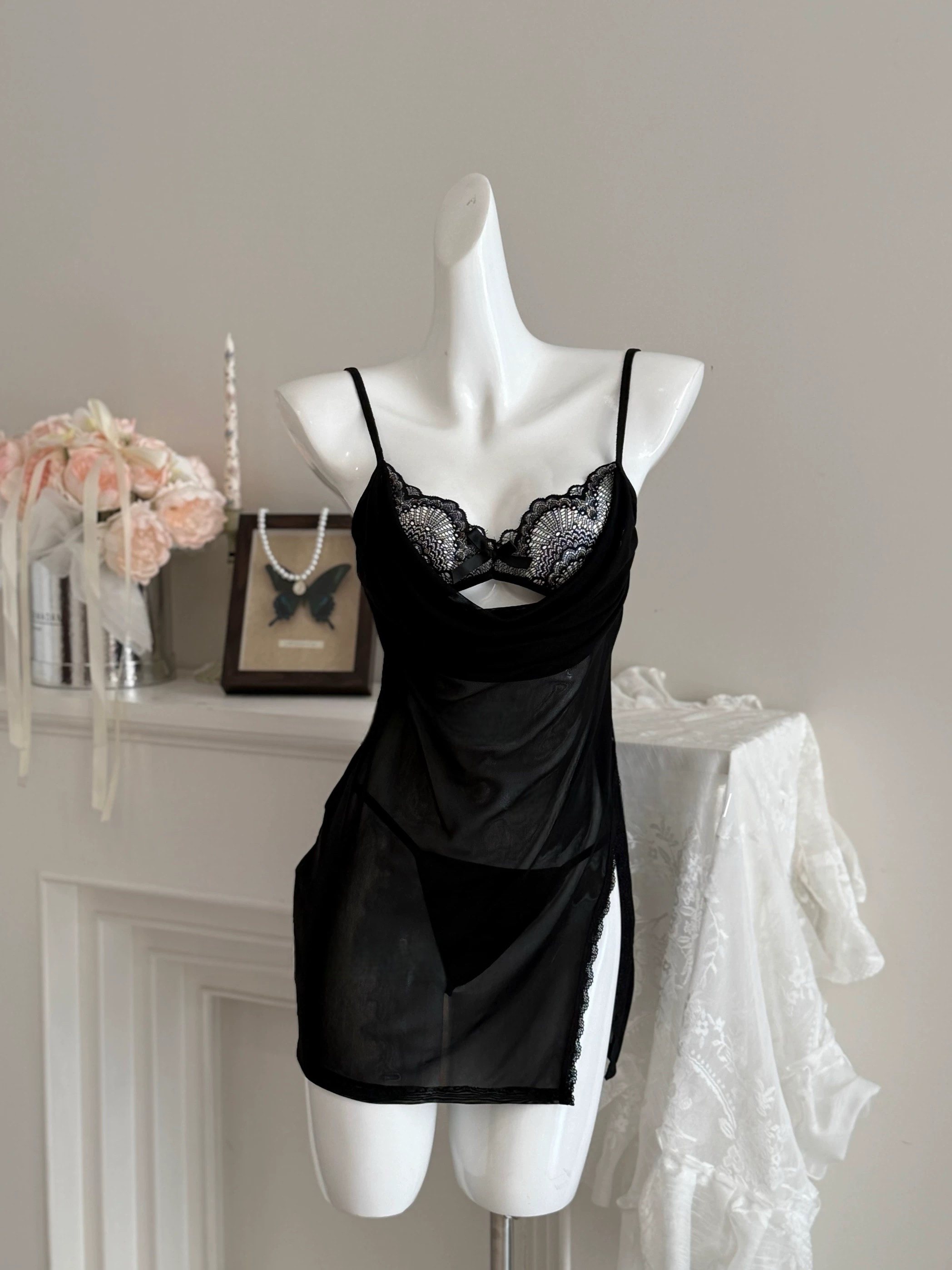 【今夜早回家 no退no换】 80-145斤 假两件蕾丝荡领睡裙