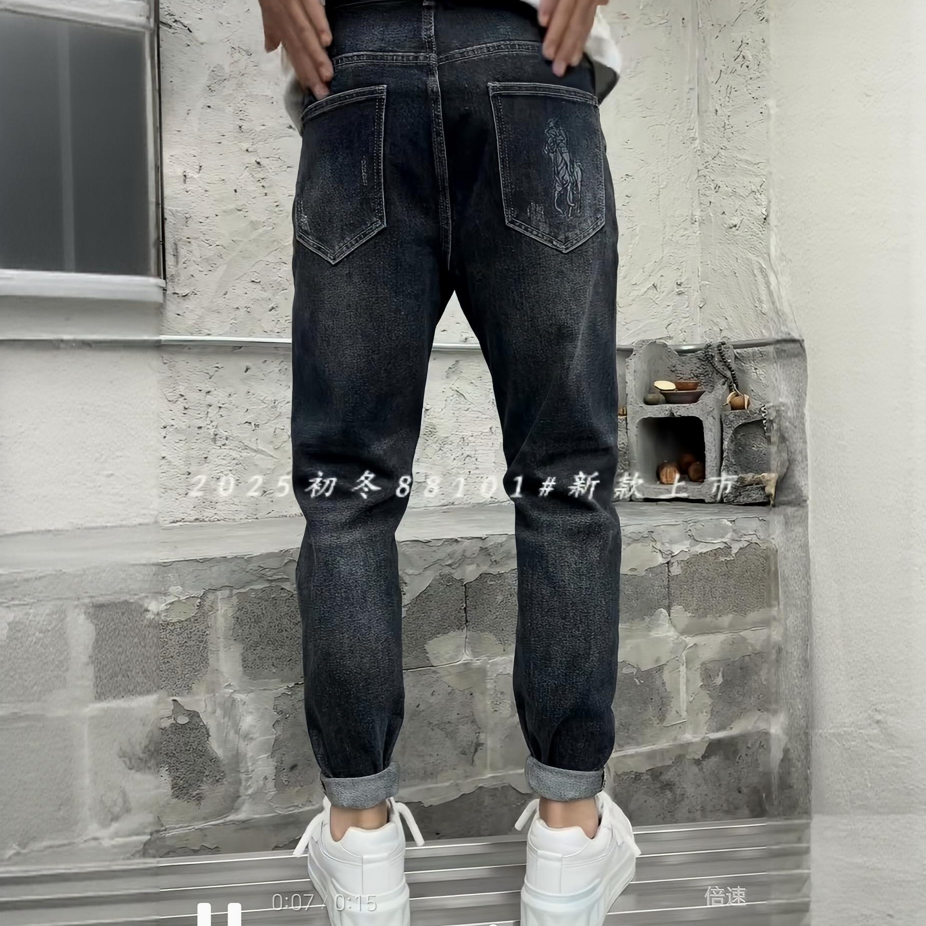 冬季新款男士牛仔裤加绒复古弹力修身小直筒百搭裤子