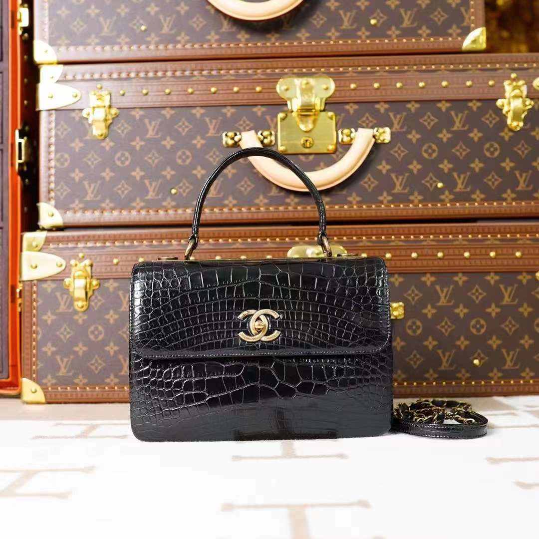 99新 Chanel/香奈儿 黑色金扣鳄鱼皮链条包 