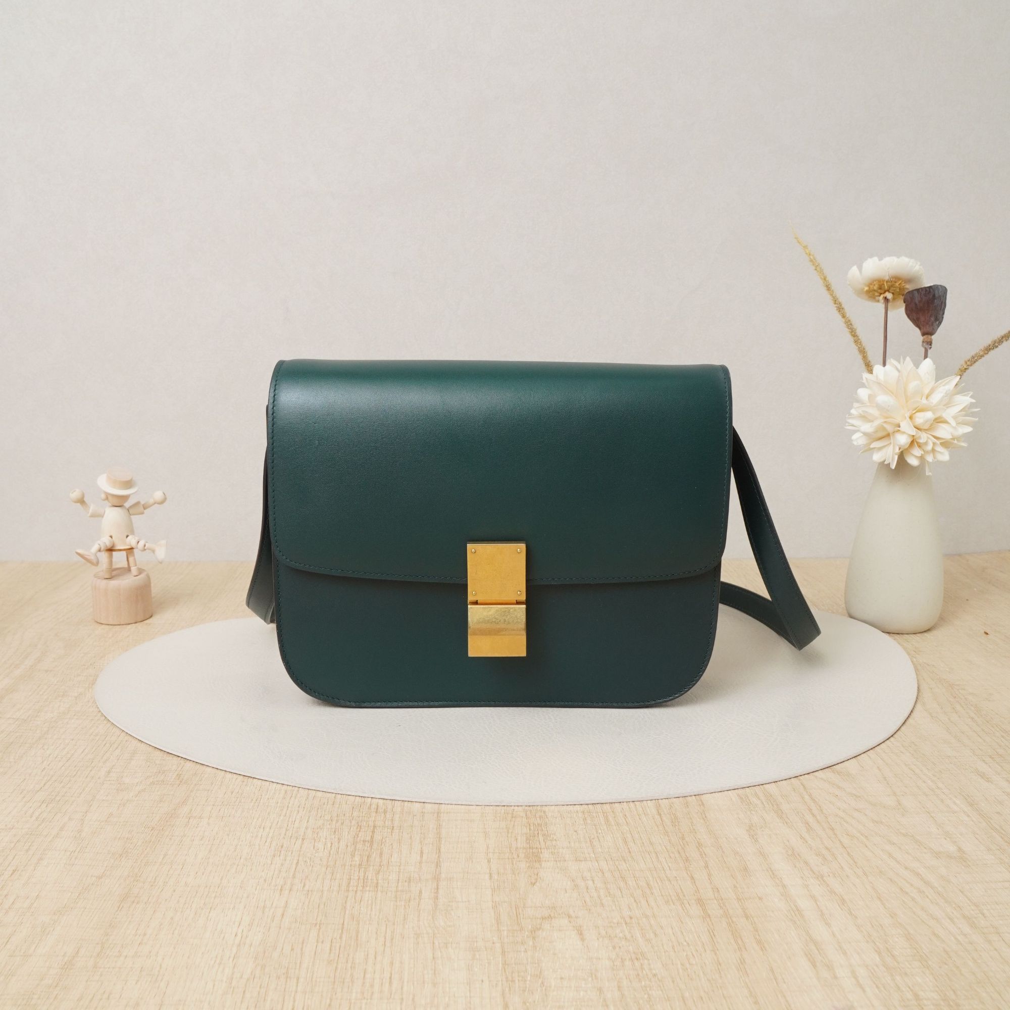 95新 Celine/思琳 赛琳豆腐包单肩包墨绿24厘米/DS033524