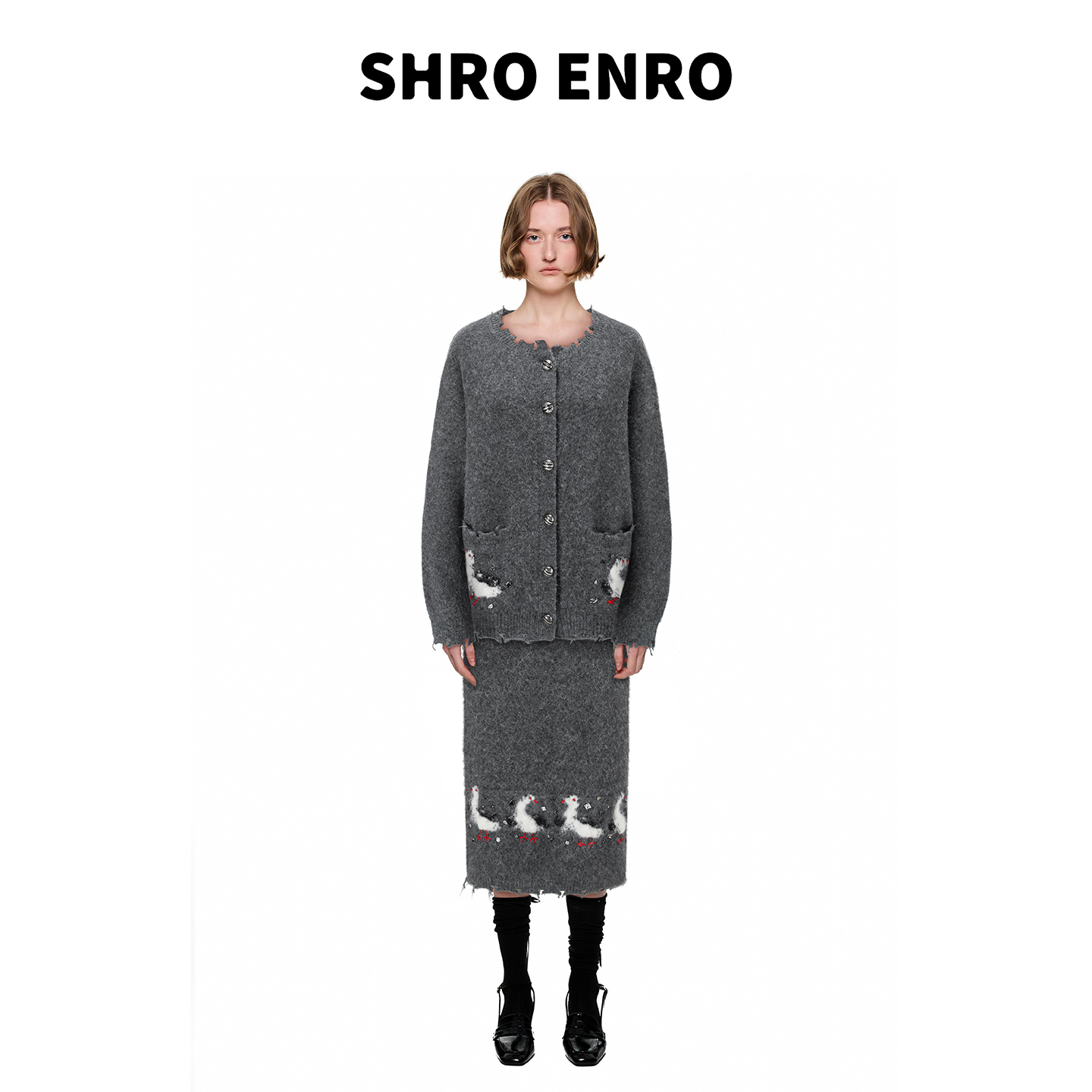 SHRO ENRO 2025秋季新款羊驼毛提花鸭鸭中长半身裙女S52A32TT117