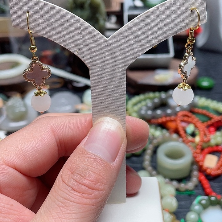 和田玉耳饰14K金镶嵌