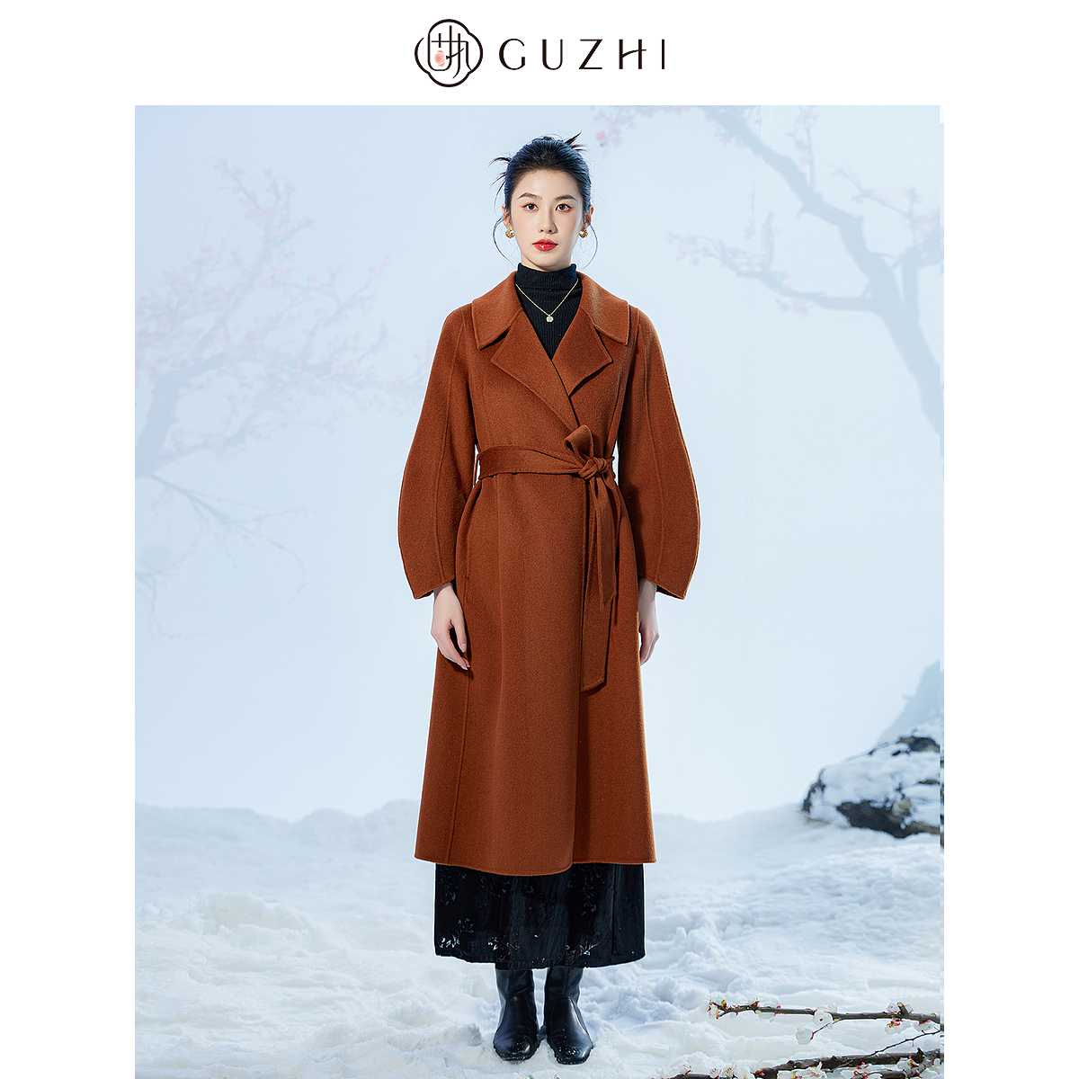 固执2024秋冬新款学院风西装领绑带绵羊毛双面呢长款大衣女装外套