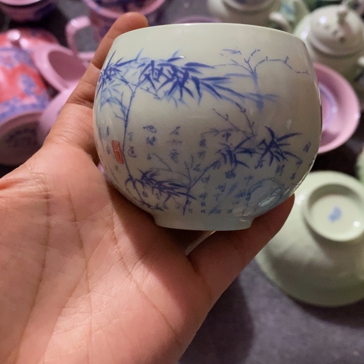 摆件骨瓷绿稀土竹子圆杯